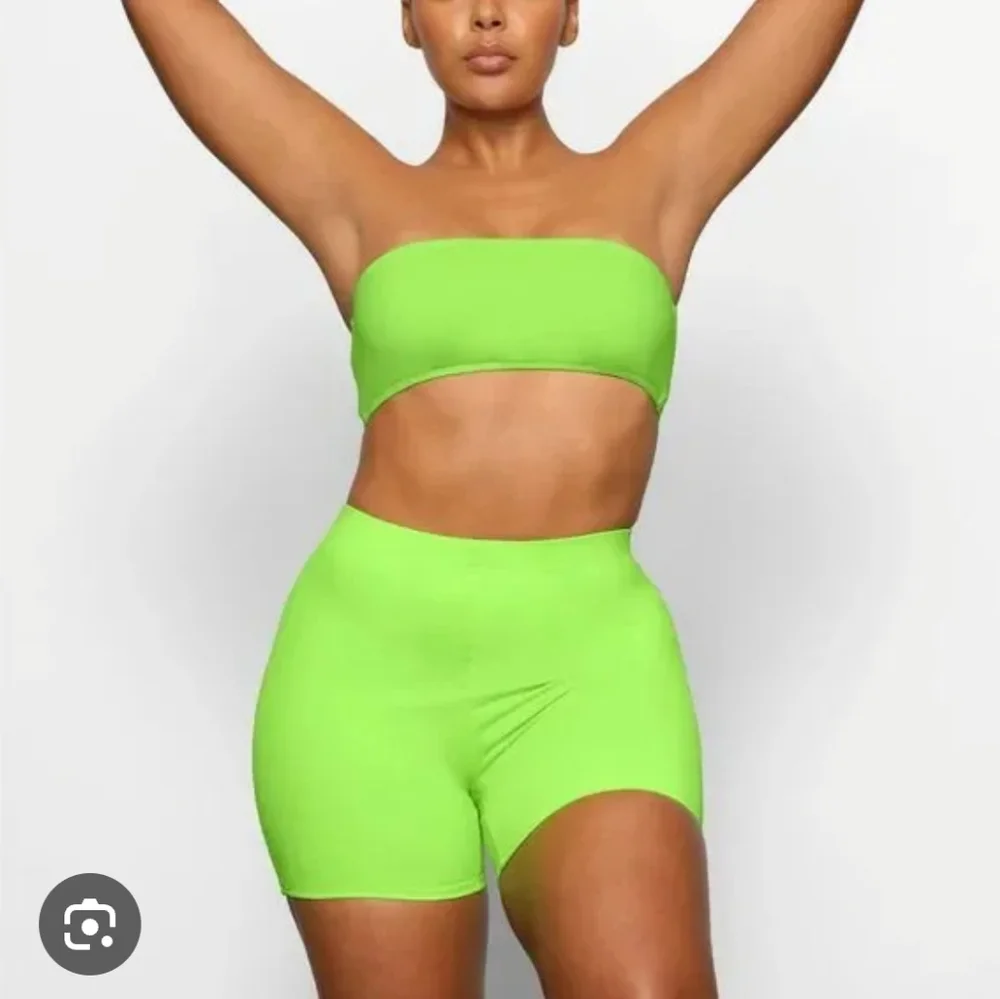 SKIMS Neon Green Bikini Top and High-Waist Shorts Set